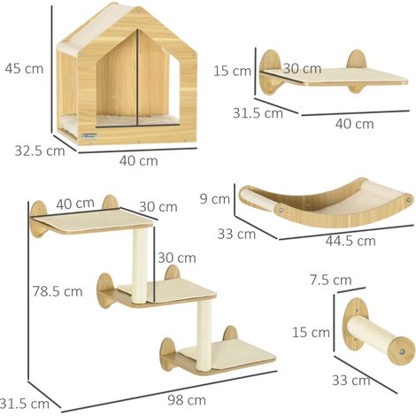 8 Piece Cat Shelves Set, with Cat House, Three Perches, Three Scratching Posts (1/3)