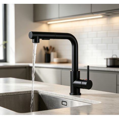 DUSCHPARADIES Küchenarmatur Ausziehbar Zinklegierung Messingkern KTW 360°Schwenkbar 2 Wasserstrahlarten L-Form Spültischarmatur Wasserhahn Küche Schwarz