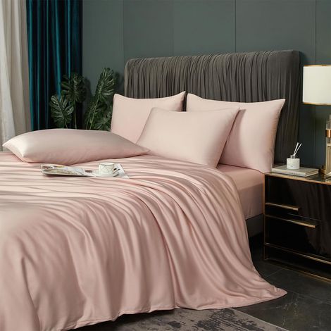 Parure de lit en bambou 135 x 200 cm, rose clair, pour été, hiver, rafraîchissant, uni, fibres de bambou Lyocell brillant, respirant, 2 pièces, housse de couette 135 x 200 cm, lit simple avec (1/5)