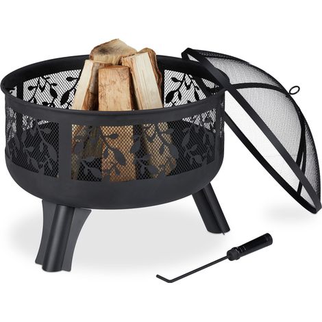 Relaxdays Fire Bowl, Spark Guard, Poker, Garden & Terrace, Outdoor, HxD: 60 x 60 cm, Steel, Black (1/5)
