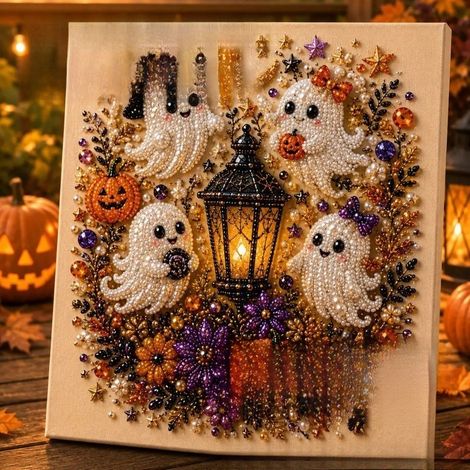 DIY Halloween Raven Pumpkin Handmade Pearl Painting Bedroom Decor Set - Ghost - 2020cm with Frame