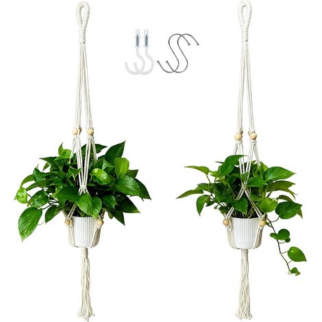 Lot de 2 - Support de Plante Suspendu - Suspension Macramé - Décoration Intérieure Boho avec Franges et Perles en Bois - Pour Salon ou Balcon - Blanc - 90 cm (1/5)