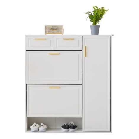 Armoire à chaussures blanche multifonction 2 abattants + 1 porte + 2 tiroirs dimensions 95×24×107,5cm adaptée pour entrée et couloir domestique (1/5)
