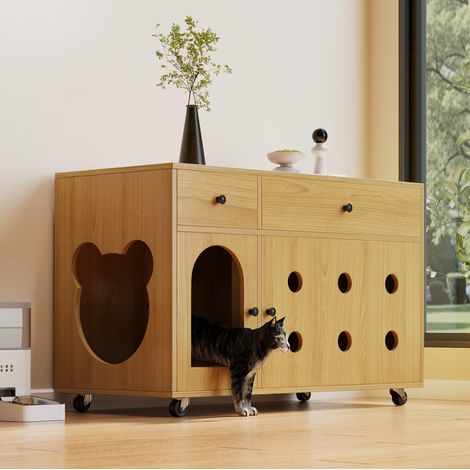 Katzenkloschrank (bewegliche Katzentoilette) – Katzenschrank/Katzenhaus mit abnehmbare Sandablassplatte, geruchsisoliert, ohne Katzenklo, 100×45×66 cm (Naturholzfarbe, Gelbmaplefarbe) (1/5)