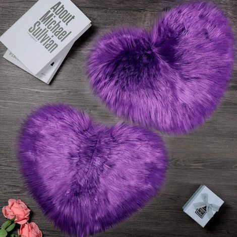 2 Pièces Tapis Moelleux en Fausse Peau de Mouton, Tapis en Forme de Cœur pour Salon et Chambre, 12 x 16 Pouces, Violet (1/4)