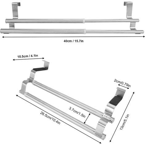 Porte-serviettes suspendu en acier inoxydable, barre porte-serviettes extensible, support de rangement sans perçage pour placards et salles de bains. (1/5)