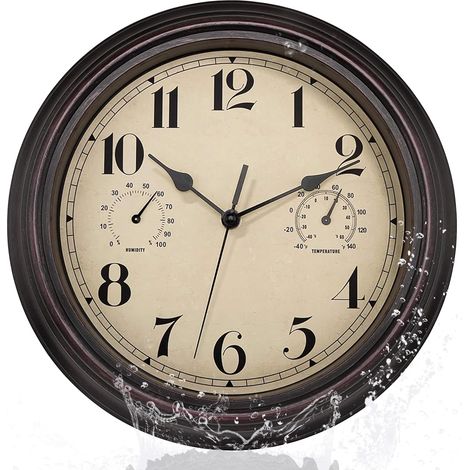 Horloge Murale Extérieure Étanche avec Thermomètre Hygromètre - Design Vintage Silencieux sans Tic-Tac 30 cm Décoration Jardin, Salle de Bain, Cuisine, Véranda (Brun) (1/5)