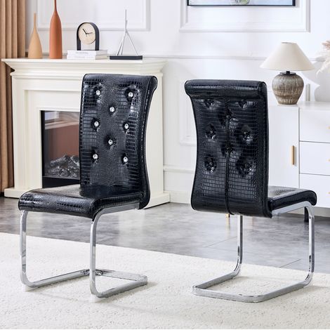 Set di 2 sedie da pranzo retro in PVC nero con dettagli in cristallo e gambe in metallo cromato (1/5)