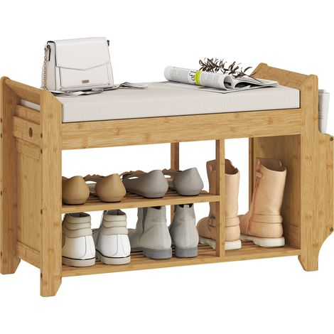 Banc à chaussures avec assise rembourrée, rangement latéral, porte-bottes, structure en bambou, 80 x 30 x 50 cm, naturel (1/5)