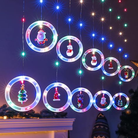 Guirlande lumineuse LED pour fenêtre de Noël, 3 m x 0,65 m, bande lumineuse pour rideau, 8 modes, fête intérieure, mariage, décoration de Noël de chambre à coucher (coloré) (1/5)