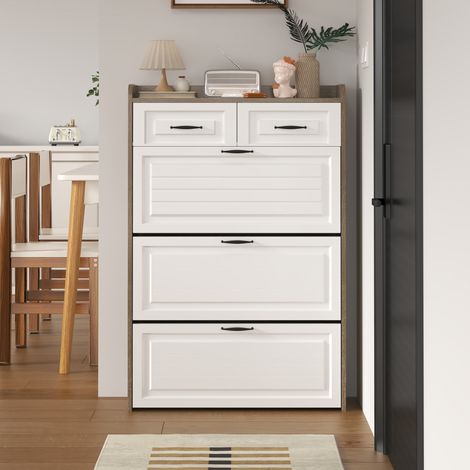 Schuhkommode mit drehbarem Design, 3 großen Klappen und 2 Schubladen, Holz-Schuhschrank für Eingangsbereich oder Wohnzimmer, B80 x T23,5 x H131 cm