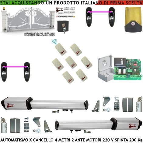 Automatismo Cancello 4 Metri 2 Ante da 2 MT Kit Base 2 Motori Elettromeccanici 230 V Corsa 300 mm Sblocco Spinta 2 Q.li Staffe 7 Radiocomandi 2 Coppie Fotocellule Faro Selettore 2 Ck Cartello Monitore (1/5)