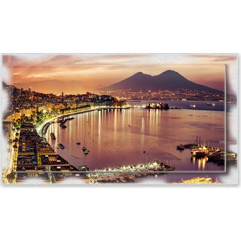 Lupia - Quadro moderno su Tela con Cornice stampata NEWEXT 75x135 cm, paesaggi localismi italiani, per casa soggiorno capezzale camera da letto hotel ufficio, NAPOLI VESUVIO NIGHT (1/4)