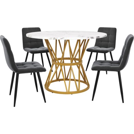 Esstisch-Set (5-teilig), Esstisch-Set mit 4 Stühlen, Modernes Küchen-Esstisch-Set, Runder Küchentisch mit 100 cm Durchmesser und Metallbeinen, MDF-Marmor-Tischplatte, Esszimmerstühle aus grauem Samt (1/5)