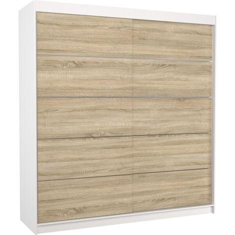 Les Tendances – Armoire adulte VONA 200 cm – 2 portes coulissantes – Structure en panneau laminé – Design contemporain blanc/naturel (1/4)