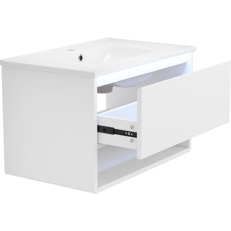 CAIziMeuble sous-vasque suspendu 76.5×46×45cm, entièrement laqué, lampe LED à capteur de mouvement radar, tiroir simple, niche de rangement ouverte, glissières silencieuses, lavabo monobloc, blanc (1/5)