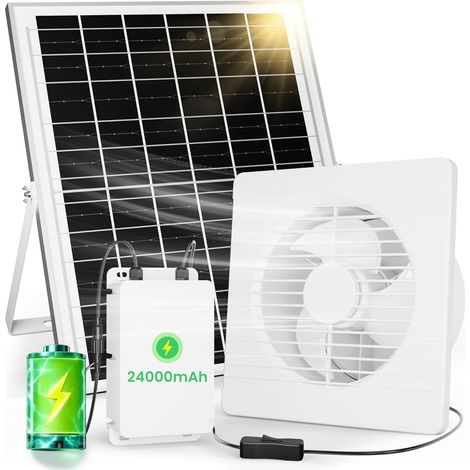 Ventilateur d'extraction solaire avec batterie 24000mAh, fonctionnement jour et nuit, 25W, avec clapet anti-retour, étanche, idéal pour abri de jardin, poulailler, serre ou niche pour animaux (1/5)