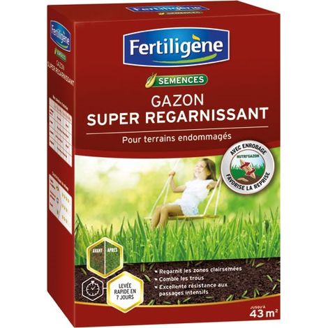 Gazon super regarnissant 43m² 875g – Résistance aux passages intensifs – Pour terrains endommagés – Gazon dense et durable – Fertiligene (1/8)