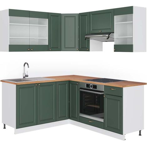 Cucina angolare completa Fame-Line, Verde-oro rustico/Bianco, 160 x 190 cm , PL Rovere, Vicco