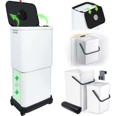 1 poubelle de cuisine avec couvercle,réglable 25-45 l,avec roues,2 petites poubelles salle de bain,suspendre (1/5)