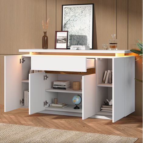 LED-Sideboard 140x40x80 cm Weiß Spanplatte mit 1 Schublade fürs Wohnzimmer – MEUBLIV (1/5)