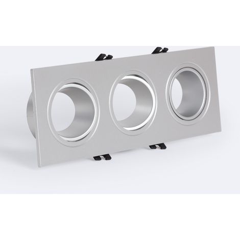 Aro Downlight Cuadrado Basculante para tres Bombillas LED GU10 / GU5.3 Corte 75x235 mm Plateado