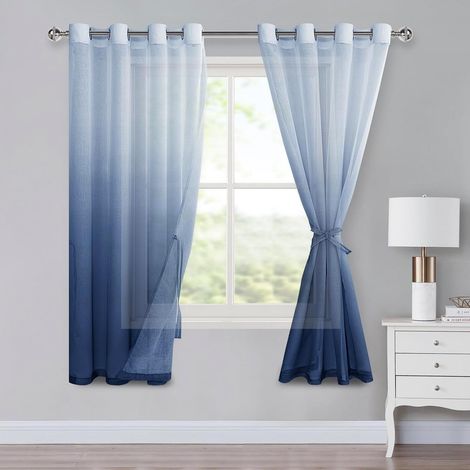 Rideaux en voile avec œillets, rideaux dégradés, rideau Sheer Ombre, lot de 2 pour la chambre à coucher et le salon, rideaux à passants avec bande de raccordement H160xL140cm Bleu jean (1/5)