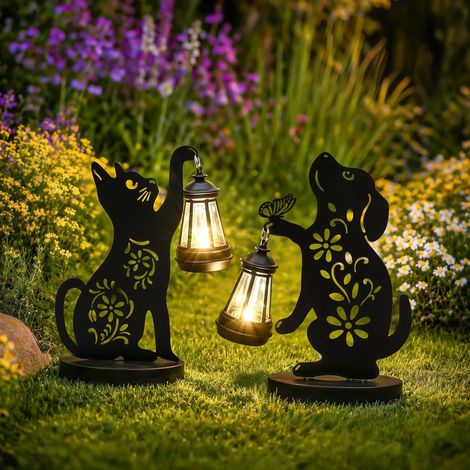 Estatuas de Hierro para Jardín de Perros y Gatos, Decoraciones Exteriores con Iluminación Solar, Estatuas de Jardín Impermeables para Patio y Patio, Regalos Originales para Mamá (Juego de 2) (1/5)