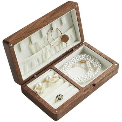 Boîte à bijoux vintage en bois de noyer massif avec doublure en velours - 16,5 x 9,5 x 4,5 cm - Pour bagues, boucles d'oreilles, colliers et bracelets - Présentoir et boîte de rangement - Noyer blanc (1/5)