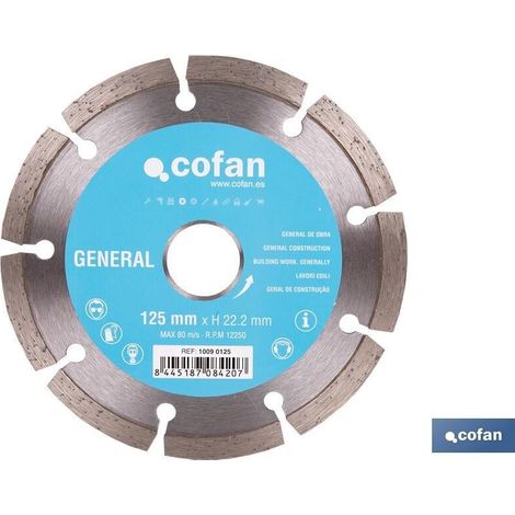 COFAN disco diam. universal basico 125 mm. , Discos de diamante segmentado Cofan obra estándar universal base. corte de todo tipo de materiales de construcción. Excelente corte en (1/4)