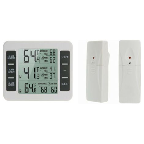 FENOPLASTICAlot de 1 Thermomètre de Frigo Congelateur, Thermomètre de Réfrigérateur sans Fil avec 2 Capteurs, Alarme Sonore, Min/Max, Thermomètre in/Extérieur pour Maison Cuisine Restaurant Bars Café (1/5)
