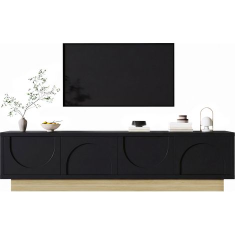 Meuble TV noir moderne avec veinage bois, 175 cm, design minimaliste et galbé, grand espace de rangement et gestion des câbles
