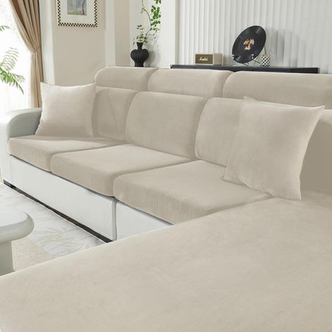 Samt Sitzkissenbezug für Sofa, rutschfest & elastisch, 3er-Set, Beige (1/5)