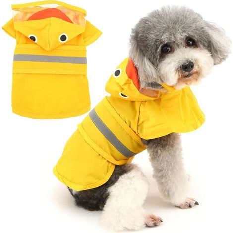 Wasserdichter Hunderegenmantel mit Kapuze für kleine Hunde, leicht und reflektierend mit Leinenöffnung, lustiger Poncho und Regenmantel mit Entenmuster, gelb, Größe M