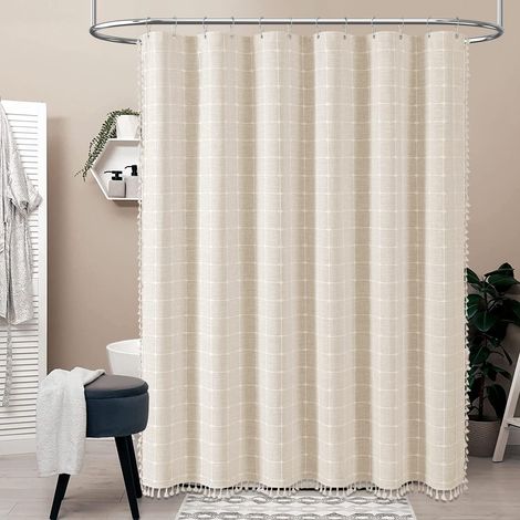 Cortina de ducha bohemia con borlas, de tela de lino, ideal para la decoración del baño, 92 x 183 cm (beige). (1/4)