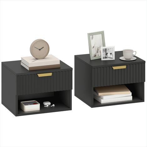 Lot de 2 tables de chevet murales 40x34x29 cm, design flûté noir, poignée dorée, tiroir silencieux (1/5)