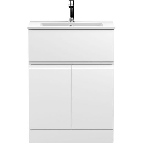 Mavesyn Contemporary 2 Door 1 Drawer Floor Standing Vanity Unit with Minimalist Basin, Satin White, 600mm