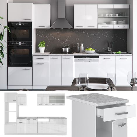 Mueble de cocina R-Line, Blanco alto brillo/blanco, 300 cm con armario alto, ET Roble, Vicco