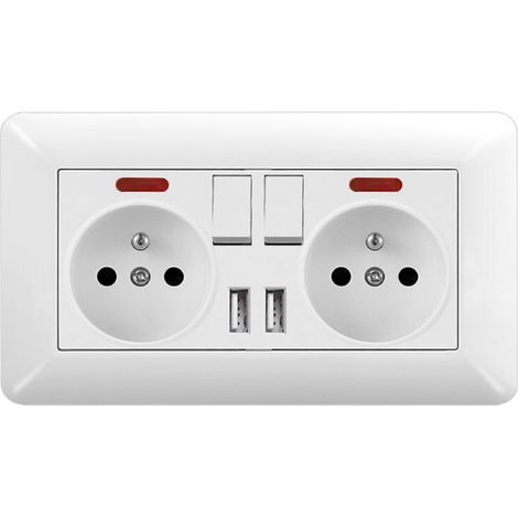 Plaque Double Prise Type 146 Interrupteurs & Double USB avec Voyants Blanc Verre 16A 220V Rénovation Moderne