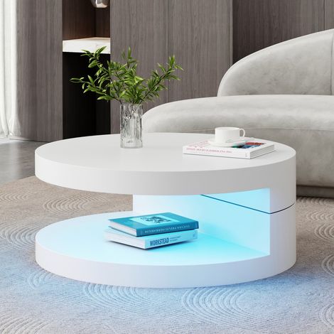Table basse salon MDF blanc 2 étages plateau pivotant 360° bande LED charge 30kg table d'appoint cylindrique 70x70x35,5cm design déco (1/5)
