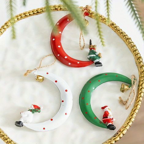 Lot de 3 décorations de Noël en fer avec cloche, Père Noël et rennes en résine pour sapin (1/4)