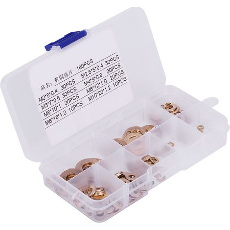 Lot de 180 Rondelles Plates en Laiton avec Coffret, Assortiment M2/M2.5/M3/M4/M5/M6/M8/M10, Rondelles Métalliques de Précision pour Bricolage et Réparation (1/5)