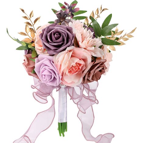 Handgefertigter Hochzeitsrosenstrauß für Braut und Brautjungfer, Blumen für Festdekoration, Rosa und Lila (1/2)
