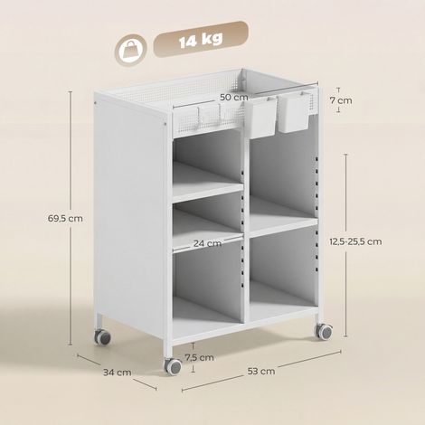 Bibliothèque sur roulettes, 4 niveaux, étagères réglables et paniers suspendus pour bureau et salon, blanche (1/5)