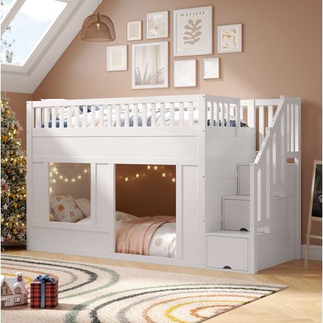 Cama altillo infantil 90x200 cm con escalera de almacenaje y somier incluido, de madera maciza y MDF, blanco (1/5)