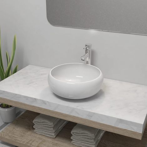 Vasque à poser Lavabo de salle de bain avec mitigeur Céramique Rond Blanc