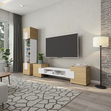 Komodee, Ensemble de meubles Torino, Chêne huilé, Blanc arctique, Largeur 220 cm x Hauteur 172 cm x Profondeur 35 cm, pour Salon, Chambre (1/5)