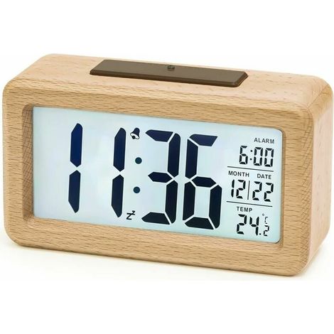Reloj despertador digital de madera aboveClock con LED, sin tictac, con fecha, temperatura y función de repetición. Funciona con pilas (requiere 3 pilas AAA). (1/5)