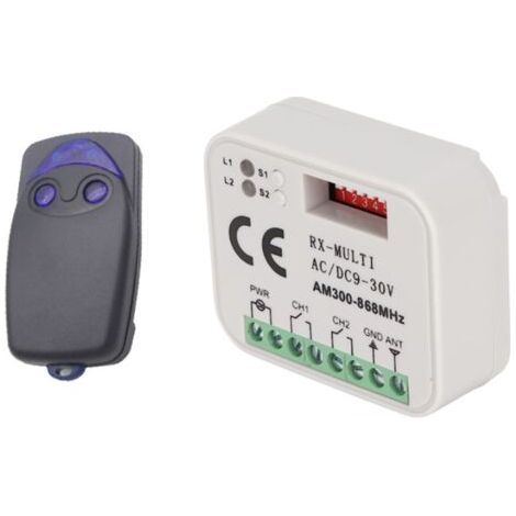 The RX-MULTI 300-868MHz multi-frequency receiver controls access control gates and remote controls it also includes a 9-30V AC/DC switch for garage door opener transmitters.