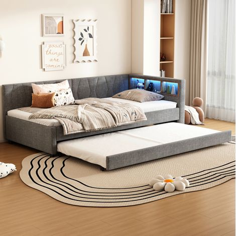 Cama 90x200 cm gris en lino con cama nido, somier de láminas, USB-C, LED y huecos de almacenaje (1/5)